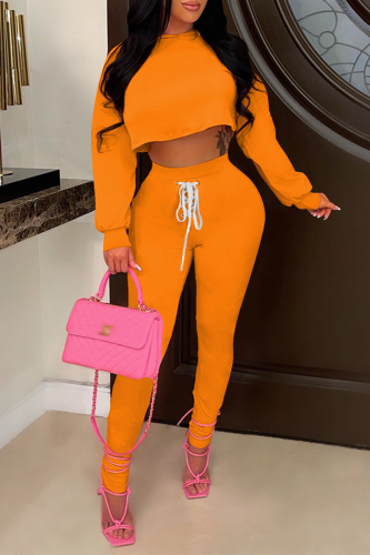 Orange Fashion Solid Patchwork V Neck Long Sleeve Two Pieces