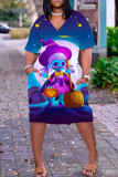 Темно-фиолетовое модное повседневное платье в стиле пэчворк с v-образным вырезом и коротким рукавом