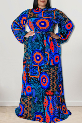 Blue Fashion Casual Print Patchwork O Neck Straight Plus Size Dresses