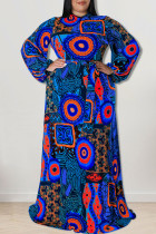 Blauwe mode casual print patchwork O-hals recht grote maten jurken