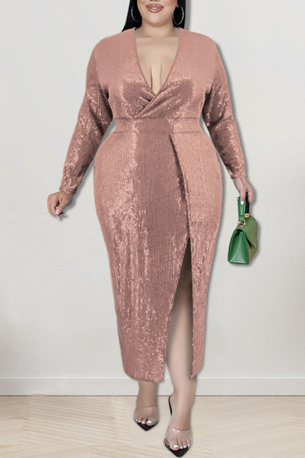 Rose goud sexy effen pailletten patchwork split V-hals plus size jurken