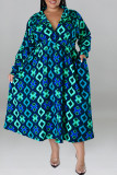 Blauwe casual print patchwork met riem turndown kraag overhemdjurk plus size jurken