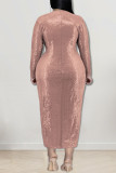 Rose Gold Sexy Solid Sequins Patchwork Slit V Neck Plus Size Dresses