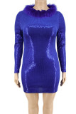 ブルーファッションセクシーな固体スパンコールパッチワーク羽 O ネックワンステップスカートプラスサイズのドレス