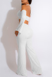 ホワイト ファッション セクシー ソリッド くり抜き 小帯 バックレス ホルター ロング スリーブ ツーピース