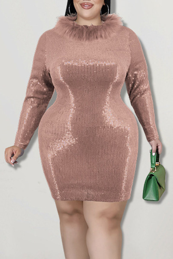 ライトブラウンファッションセクシーな固体スパンコールパッチワーク羽 O ネックワンステップスカートプラスサイズのドレス