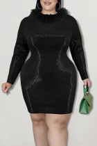 Black Fashion Sexy Solid Sequins Patchwork Feathers O Neck One Step Skirt Plus Size Dresses