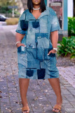 Vestido azul moda casual estampa patchwork decote em v manga curta
