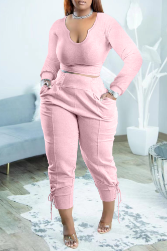 Pink Fashion Solid Draw String U Neck Long Sleeve Two Pieces