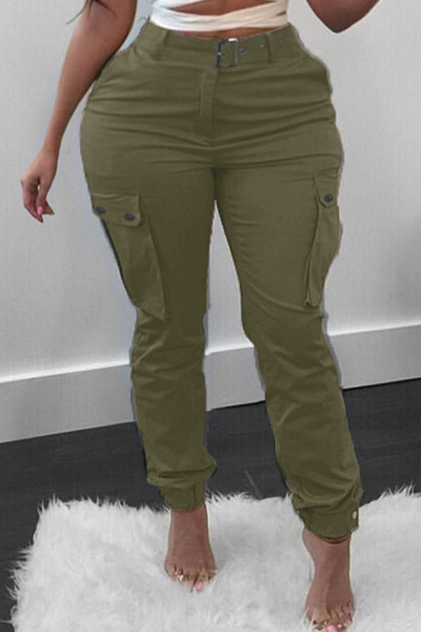 Армейский зеленый Модные повседневные однотонные лоскутные регулярные с высокой талией Обычные однотонные штаны
