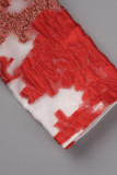 Rote, elegante, bestickte Patchwork-Abendkleider mit V-Ausschnitt