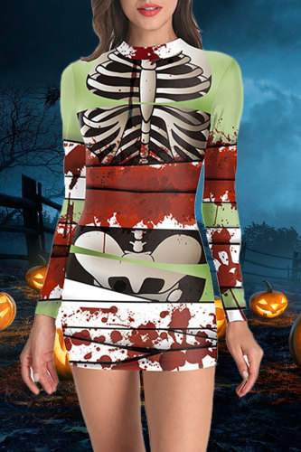 Green Fashion Casual Print Patchwork O Neck Long Sleeve Dresses