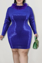 Blue Fashion Sexy Solid Sequins Patchwork Feathers O Neck One Step Skirt Plus Size Dresses