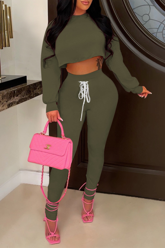 Green Fashion Solid Patchwork V Neck Long Sleeve Two Pieces