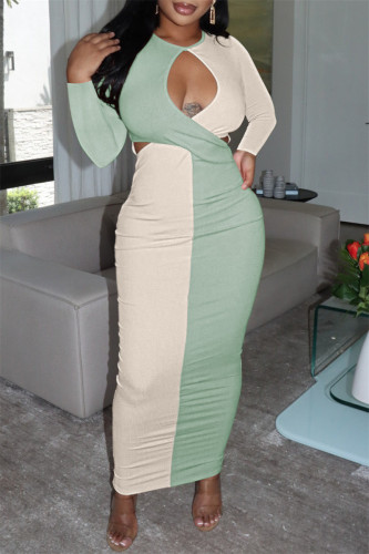 Green Fashion Sexy Patchwork Hollowed Out Contrast O Neck Long Sleeve Dresses