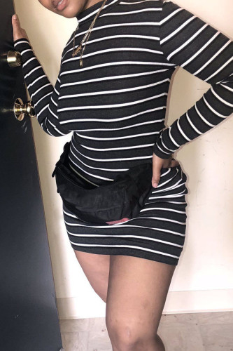 Black Casual Striped Print Patchwork O Neck Pencil Skirt Dresses