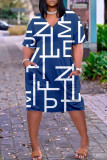 Синее модное повседневное платье с принтом в стиле пэчворк и V-образным вырезом с коротким рукавом