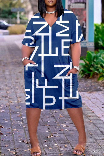 Blue White Fashion Casual Print Patchwork V Neck Short Sleeve Dress