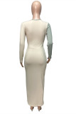 Pink Fashion Sexy Patchwork Hollowed Out Contrast O Neck Long Sleeve Dresses