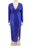 Blue Sexy Solid Sequins Patchwork Slit V Neck Plus Size Dresses