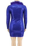 Синяя мода сексуальные однотонные блестки пэчворк перья с круглым вырезом юбка на один шаг плюс размер платья
