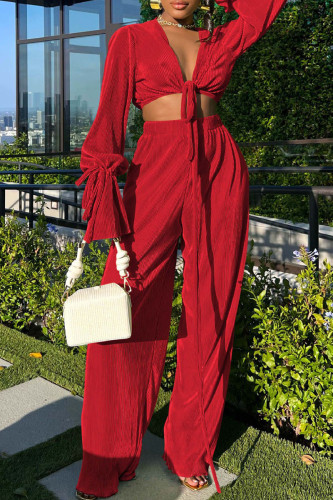 Red Sexy Solid Bandage Patchwork V Neck Long Sleeve Two Pieces