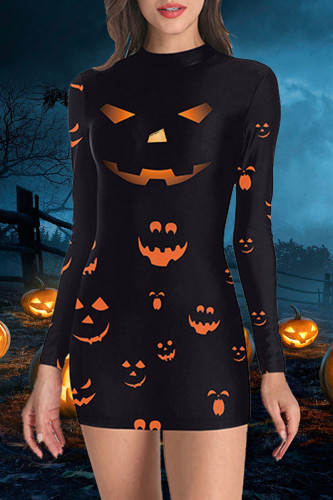 Black Orange Fashion Casual Print Patchwork O Neck Long Sleeve Dresses