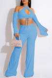 Light Blue Fashion Sexy Solid Hollowed Out Frenulum Backless Halter Long Sleeve Two Pieces