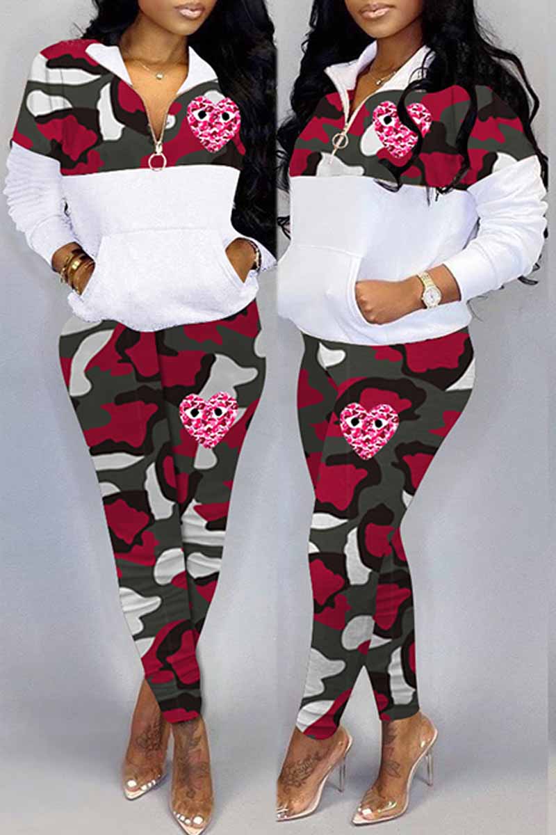

Red Fashion Casual Camouflage Print Patchwork Zipper Collar Long Sleeve Two Pieces