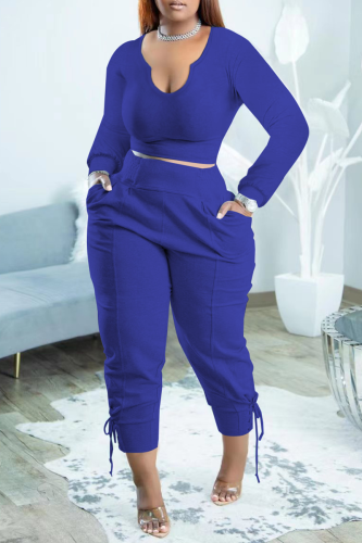 Blue Fashion Solid Draw String U Neck Long Sleeve Two Pieces