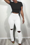 White Fashion Casual Solid Ripped Fold Skinny High Waist Trousers
