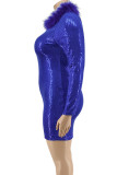 Blau Mode Sexy Solide Pailletten Patchwork Federn O-Ausschnitt One Step Rock Plus Size Kleider