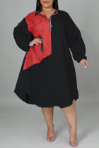 Rood Zwart Mode Casual Patchwork Contrast Rits Kraag Lange Mouw Plus Size Jurken