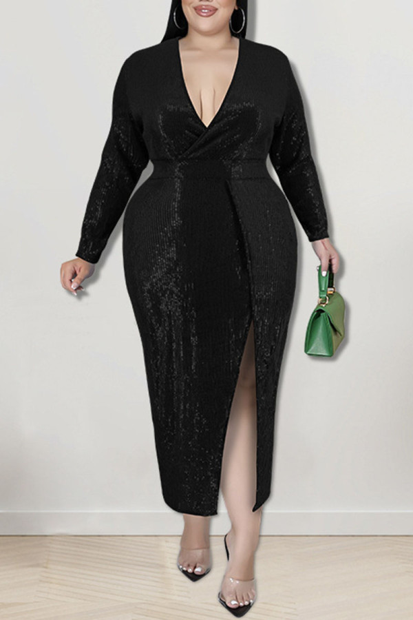 Zwarte sexy effen pailletten patchwork split v-hals plus size jurken