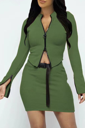 Green Sexy Solid Patchwork Zipper Collar Long Sleeve Two Pieces