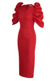 Rotes, elegantes, solides Patchwork-Abendkleid mit V-Ausschnitt