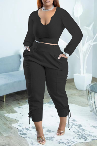 Black Fashion Solid Draw String U Neck Long Sleeve Two Pieces