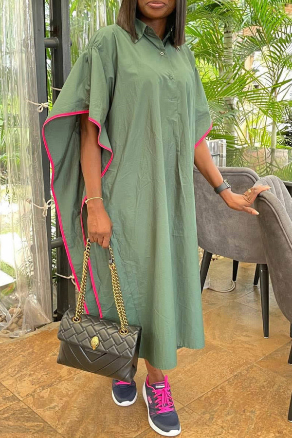 アーミーグリーン ファッション カジュアル ソリッド パッチワーク ターンダウン カラー シャツ ドレス