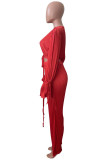 Красный сексуальный однотонный бинт в стиле пэчворк с V-образным вырезом и длинным рукавом из двух частей