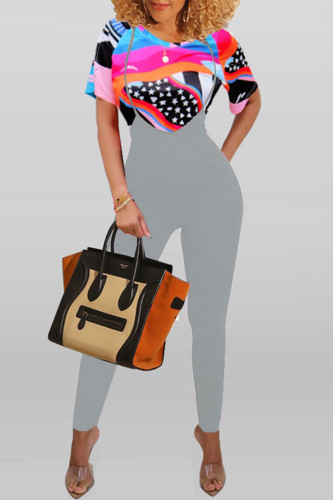 Grey Fashion Casual Print Patchwork O Neck Short Sleeve Two Pieces