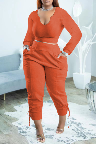 Orange Fashion Solid Draw String U Neck Long Sleeve Two Pieces