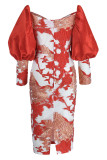 Vestido de noche con escote en V y retazos bordados con bordado elegante rojo Vestidos