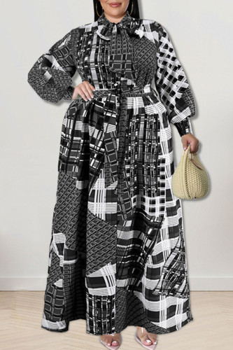 Black Fashion Casual Print Patchwork Buckle With Bow Shirt Dress Plus Size Dresses
