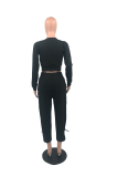 Black Fashion Solid Draw String U Neck Long Sleeve Two Pieces