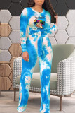 Blue Fashion Casual Print Tie-dye O Neck Long Sleeve Two Pieces