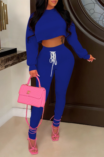 Blue Fashion Solid Patchwork V Neck Long Sleeve Two Pieces