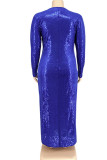Blauwe sexy effen pailletten patchwork split v-hals plus size jurken