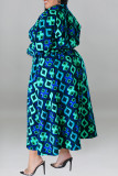 Blaues, lässiges Patchwork-Print mit Gürtel, Umlegekragen, Hemdkleid, Kleider in Übergröße