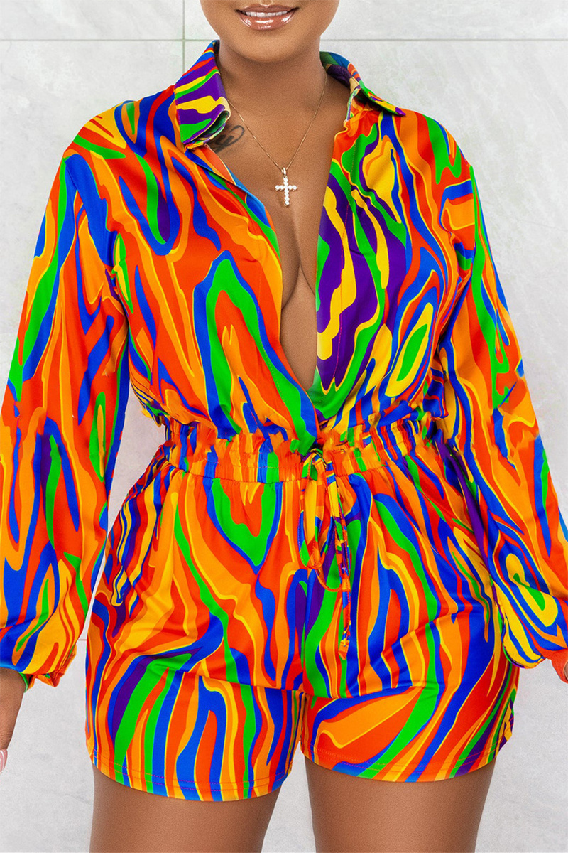 

Orange Fashion Casual Print Patchwork Turndown Collar Regular Romper