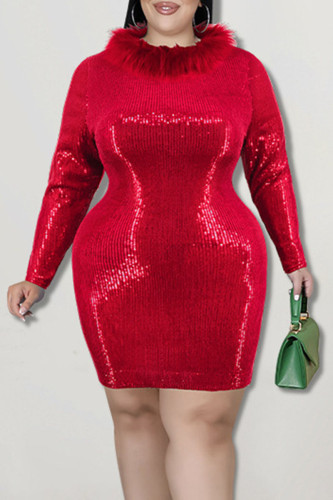 Red Fashion Sexy Solid Sequins Patchwork Feathers O Neck One Step Skirt Plus Size Dresses